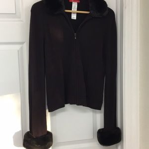 Brown zip sweater with faux fur collar and cuffs